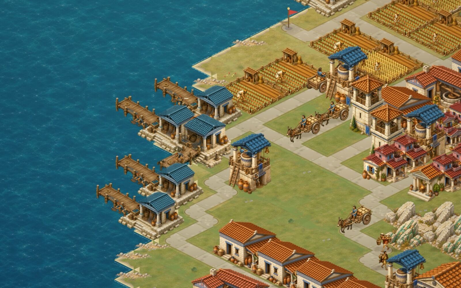 Browser city builder screenshot: fishing wharfs and piers along the coast of a Greek island city, with carts hauling the catch inland