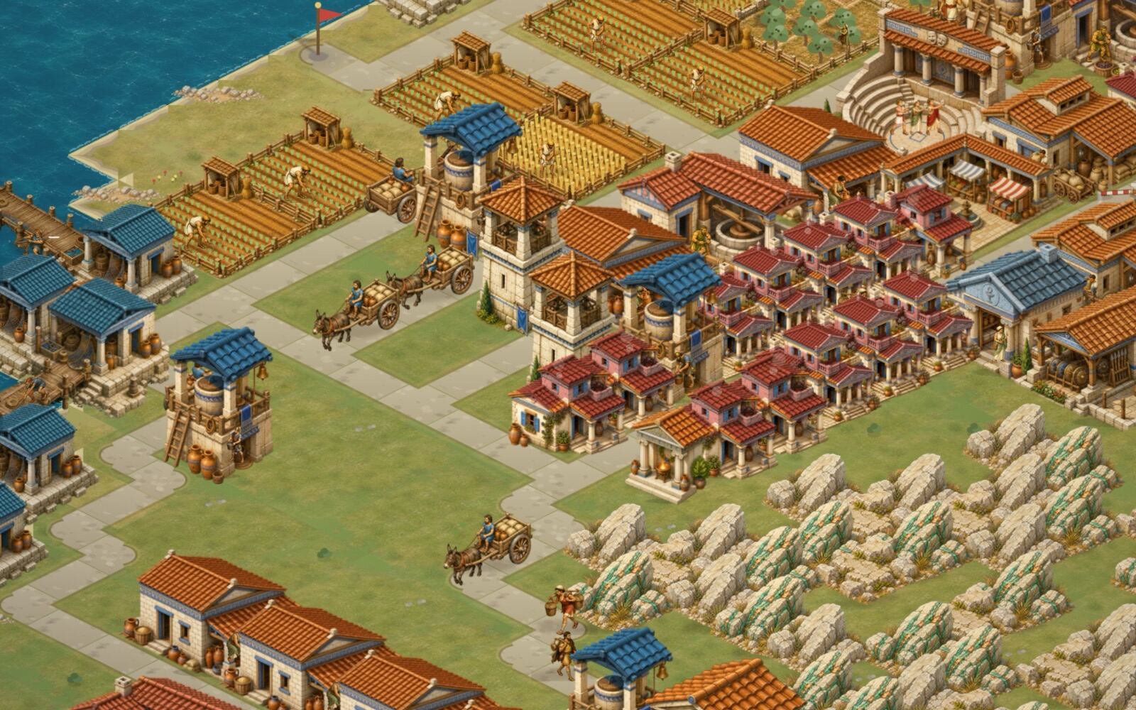 Watchtowers and a walled quarter in an ancient city builder in the Caesar III tradition, guarding a road into the city