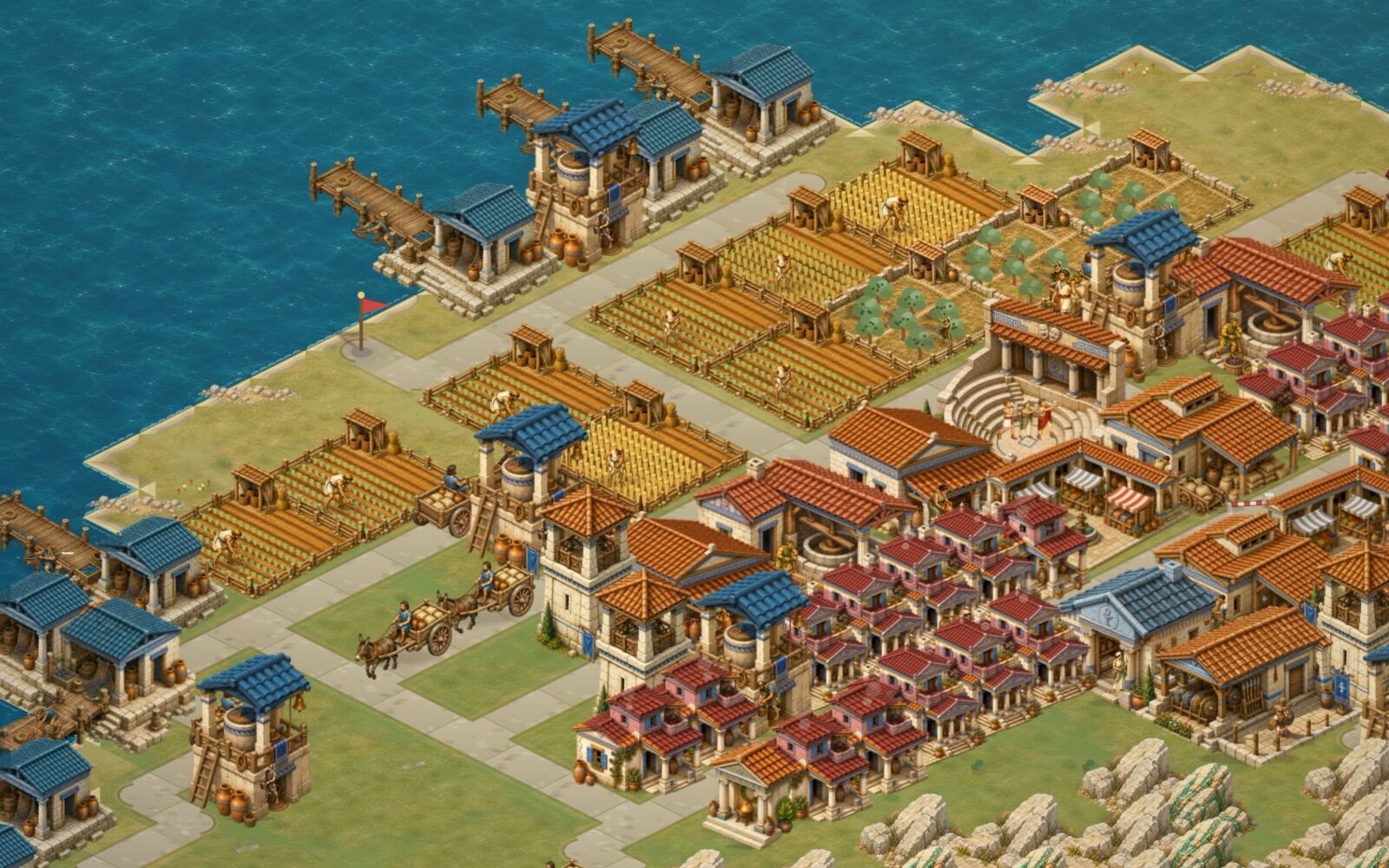 Wheat farms and granaries in an ancient city builder, fields worked beside the coast with carts hauling grain into the city