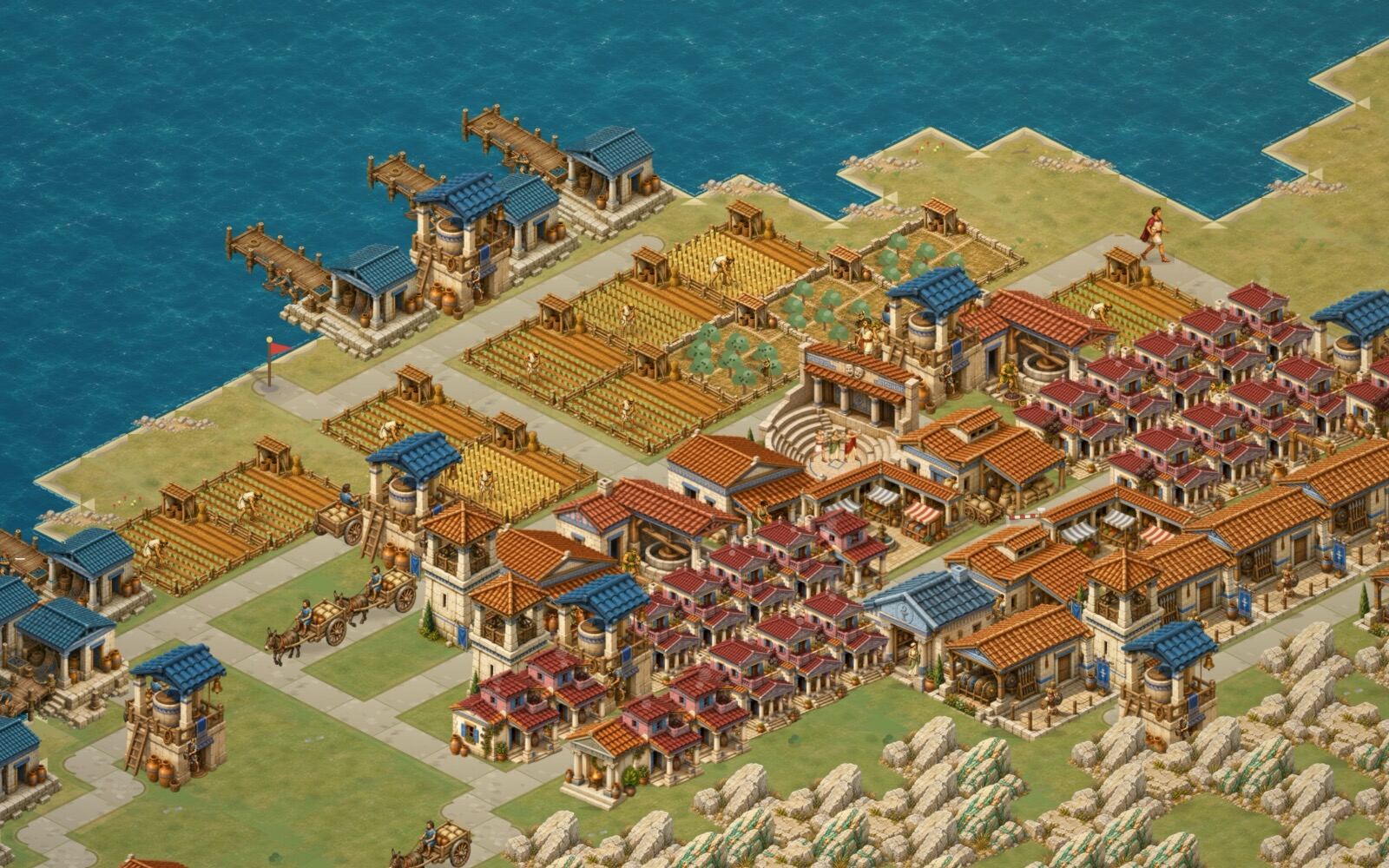 Farms, granaries and agoras in a city builder game, with cart drivers hauling the harvest along the roads into the city