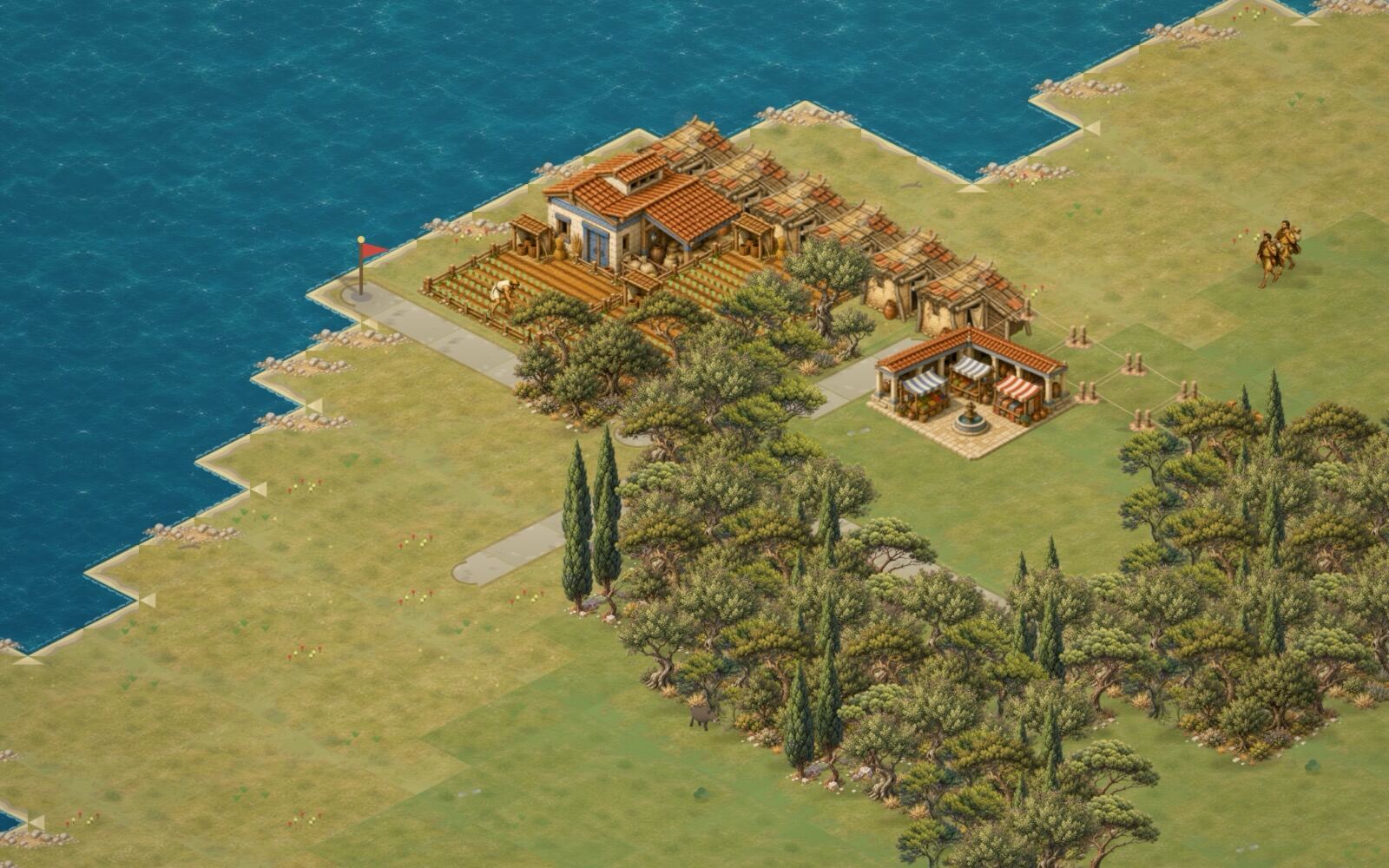 Starting a city builder game: the first road runs inland from the landing flag, with the first houses, a granary and a wheat farm beside it