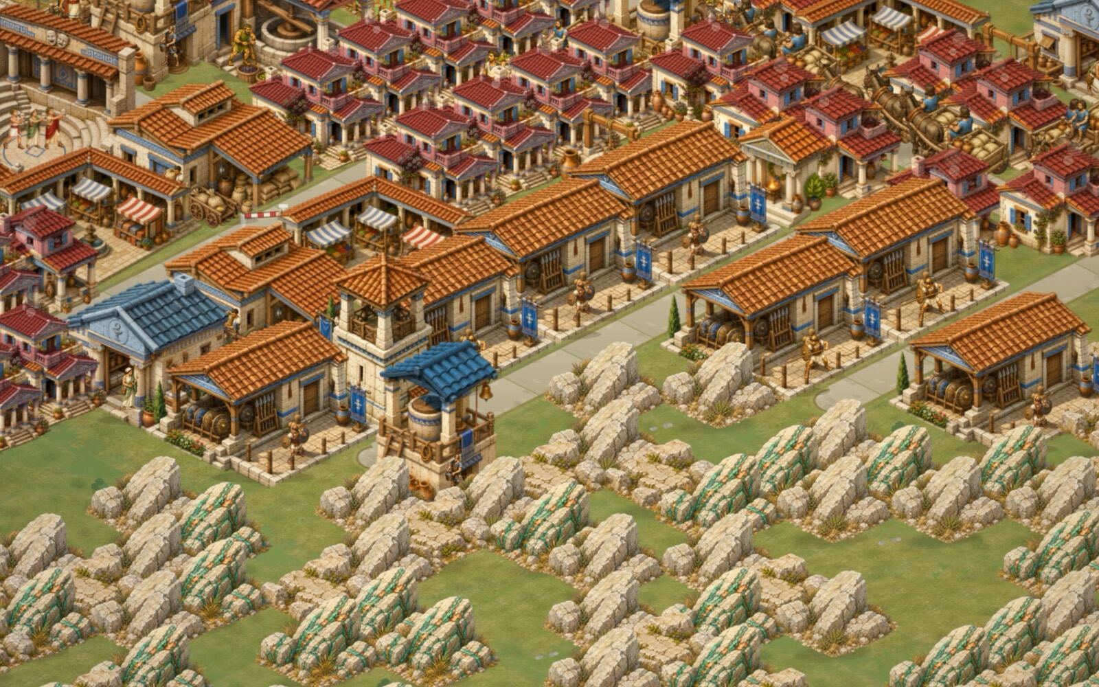 Houses evolving from huts to villas in an ancient Greek city builder, a dense residential district of tiled roofs and courtyards