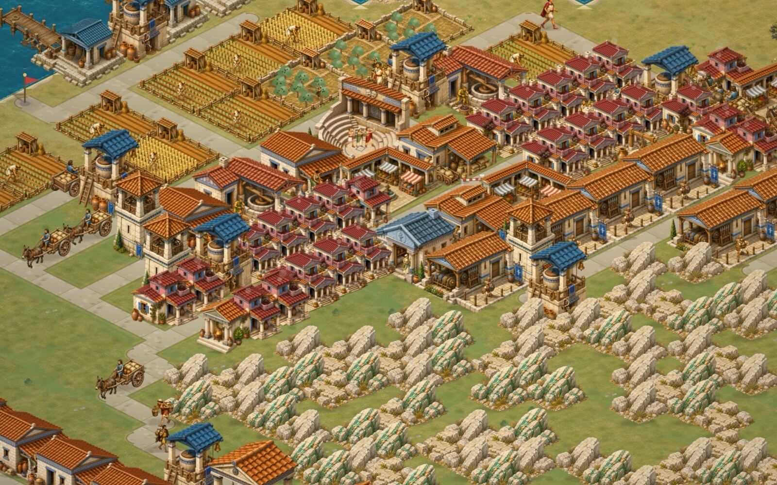 A city builder like Zeus: Master of Olympus running in a browser — tiled houses, wells, a theatre and wheat farms on a Greek island