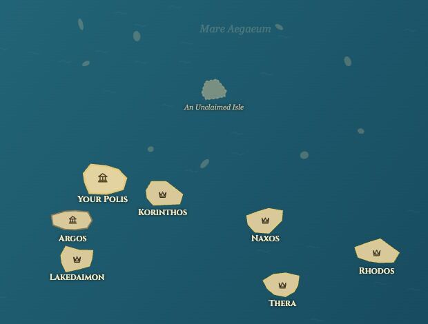 The Aegean world map in a city builder game, showing rival cities, trade routes and an unclaimed isle