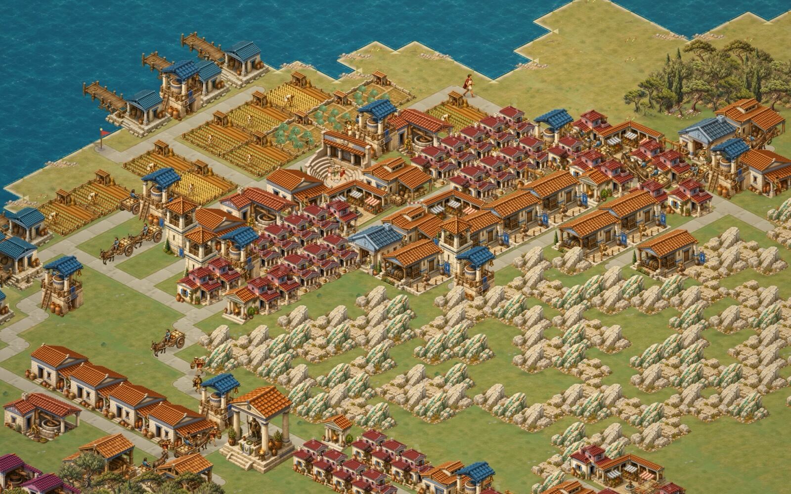 Screenshot of a Greek city builder game: an ancient polis of tiled houses, granaries, wheat farms and fishing wharfs on an Aegean island