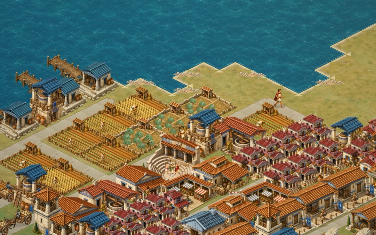 Olive groves and an olive press in a Greek city building game, the oil chain that feeds house evolution and export trade