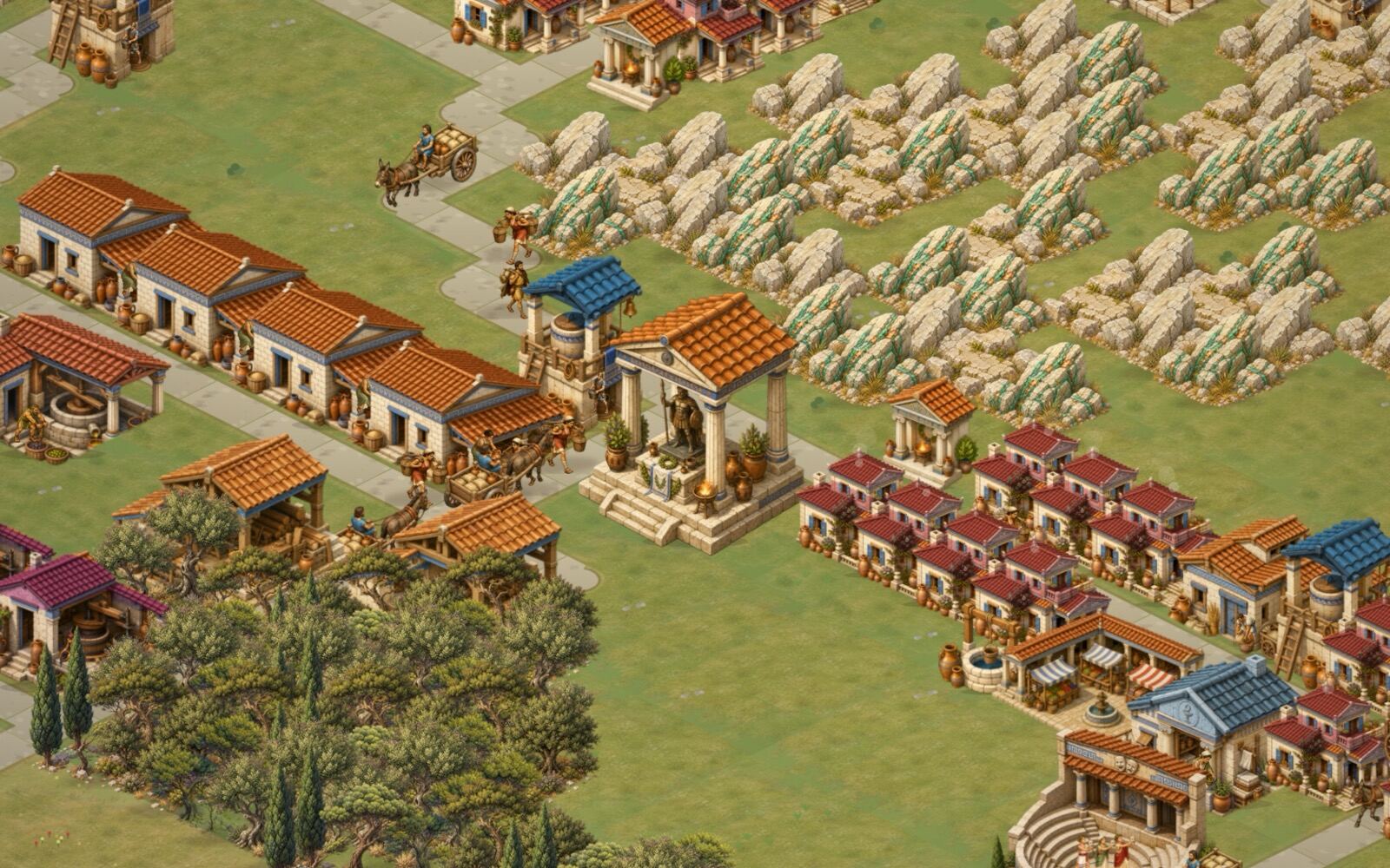 A Greek temple and shrine among houses in an isometric city builder in the style of Zeus: Master of Olympus