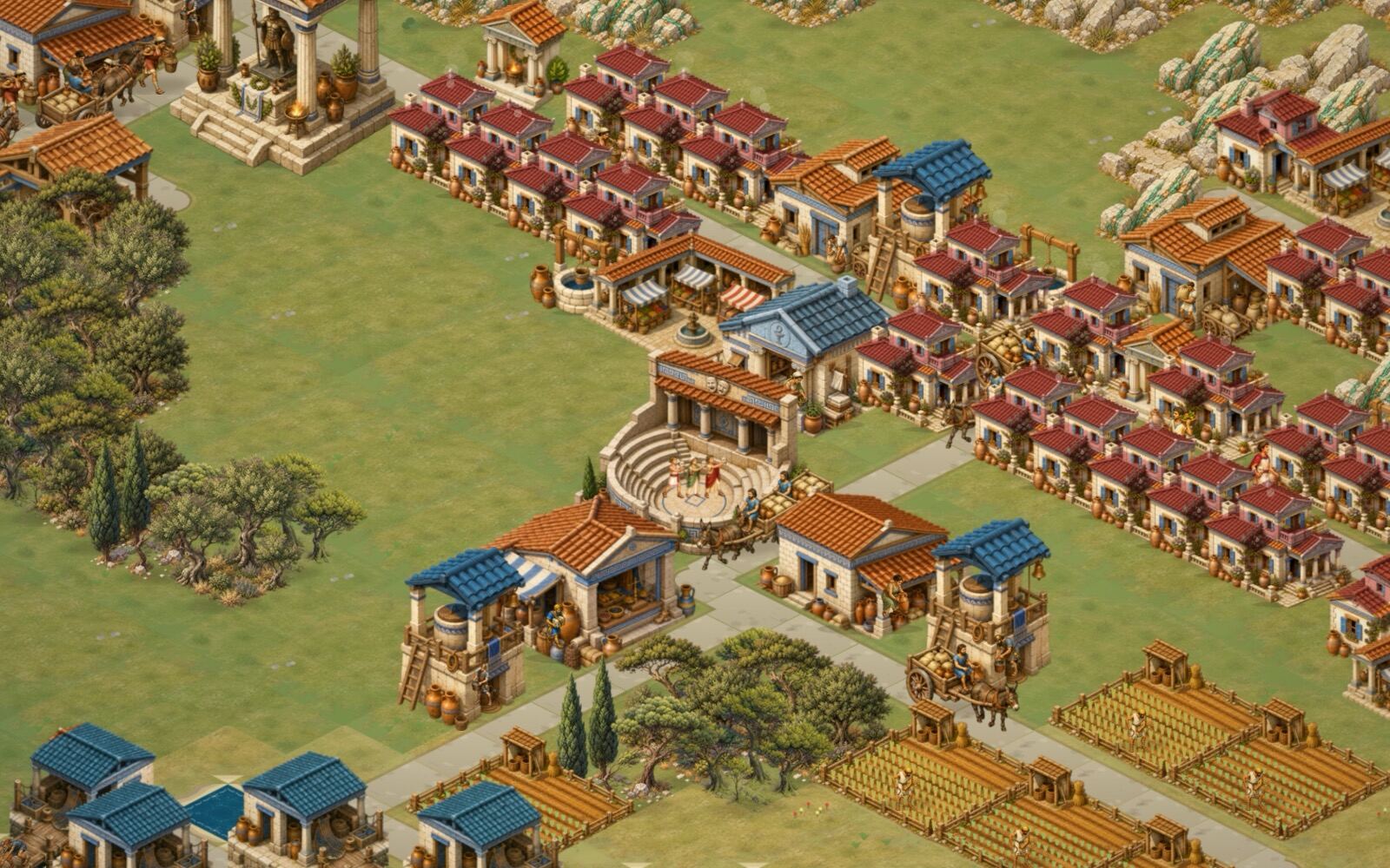 A theatre and civic district in an ancient Greek city builder, isometric pixel art in the Impressions Games tradition